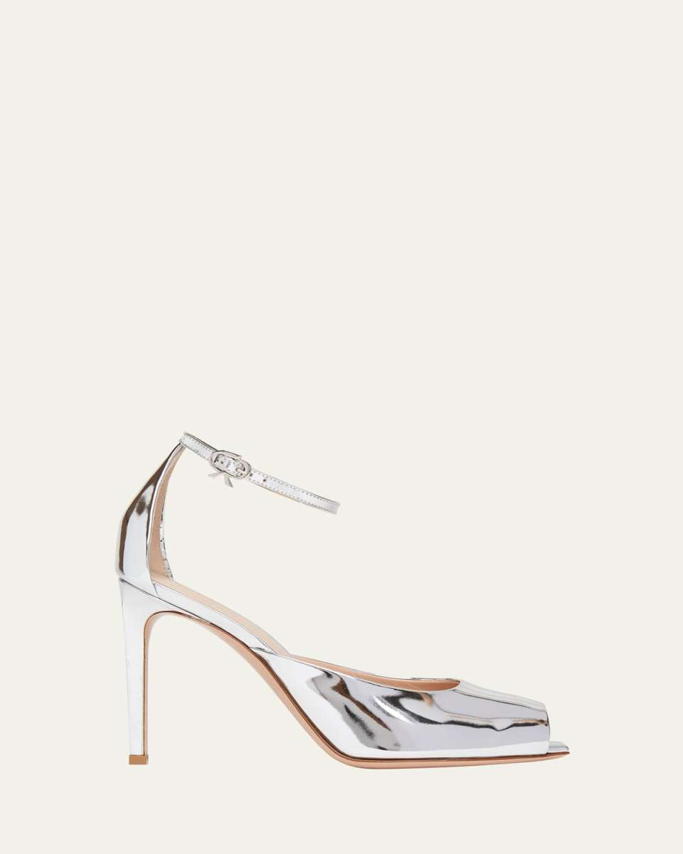 Metallic Leather Peep-Toe Pumps