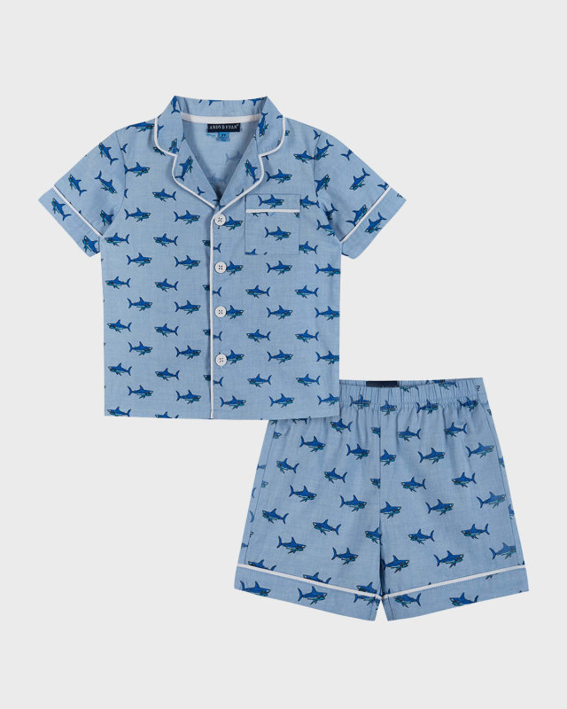 Boy's Woven Shark-Print Pajama Set, Size 2T-8
