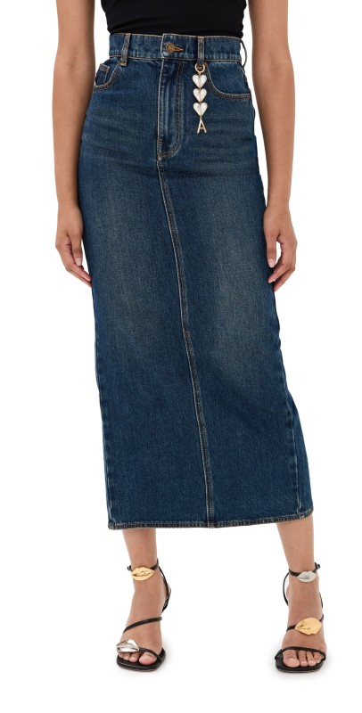 AREA Zip Slit Midi Skirt Dark Medium Wash