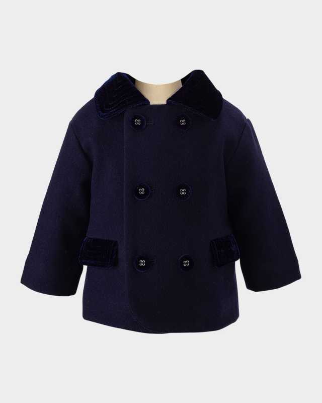 Girl's Velvet-Trim Double Breasted Coat, Size 6M-24