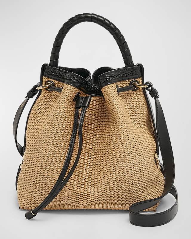 Marcie Drawstring Bucket Bag in Raffia and Leather