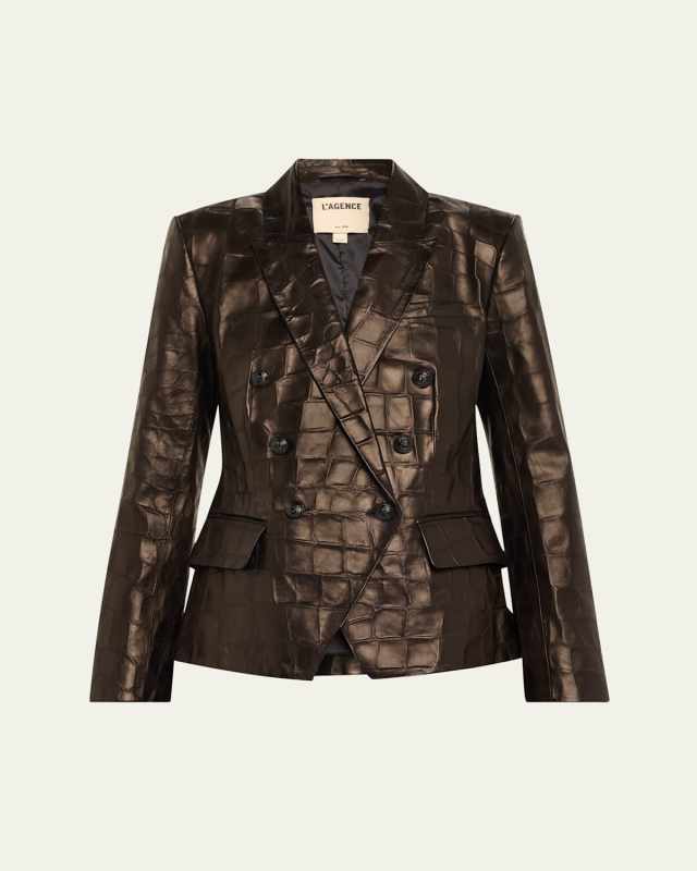 Kenzie Croc-Embossed Faux Leather Double-Breasted Blazer