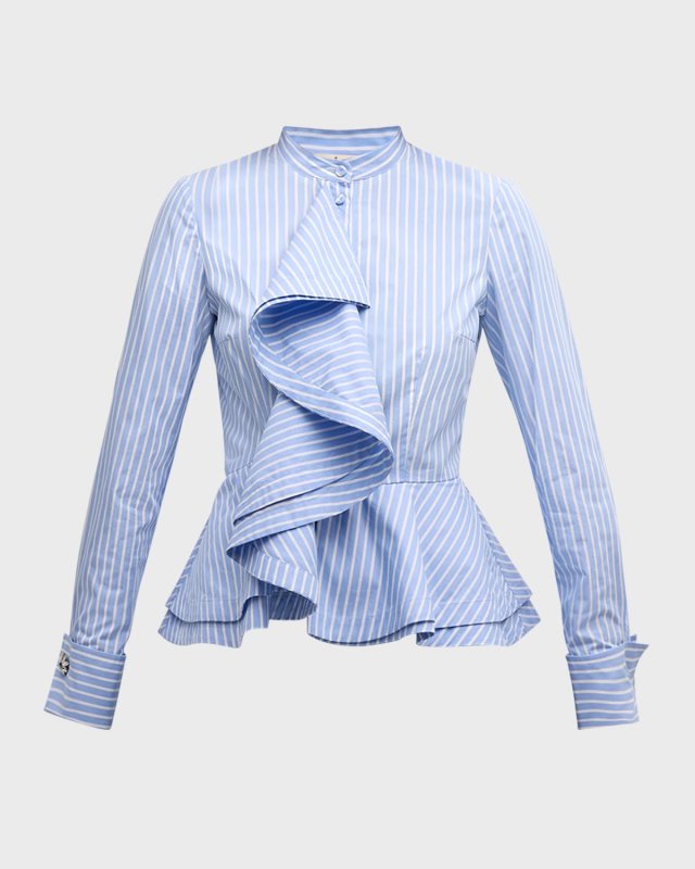 Cotton Stripe Ruffled Shirt with Western Embroidered Back