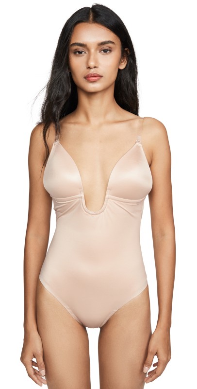 SPANX SPANXshape Suit Your Fancy Plunge Low-Back Thong Bodysuit Champagne Beige