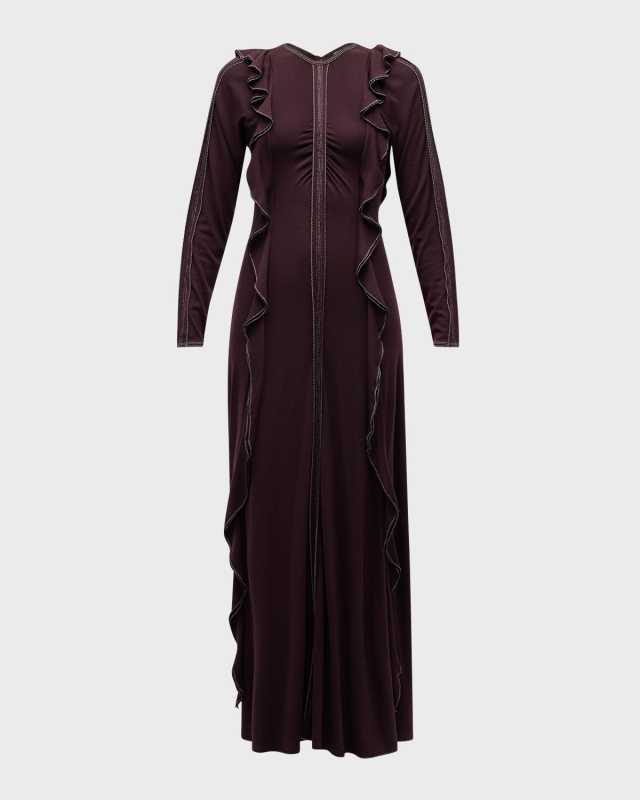 Analia Topstitched Wool Ruffle Midi Dress