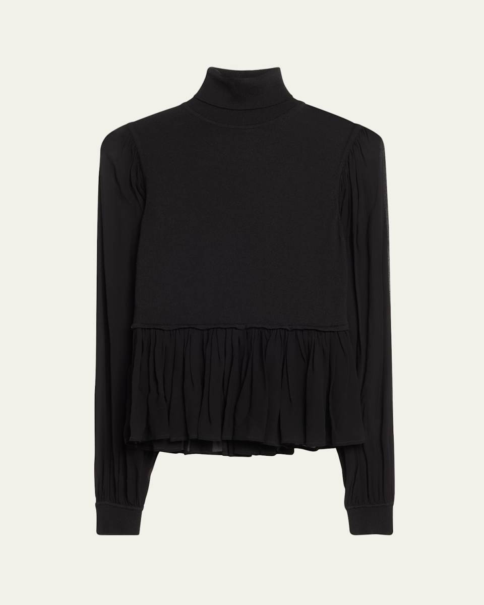 Liana Sheer-Sleeve Wool and Silk Combo Turtleneck Top