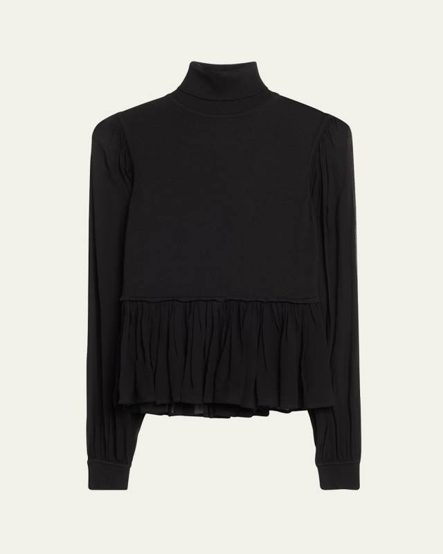 Liana Sheer-Sleeve Wool and Silk Combo Turtleneck Top