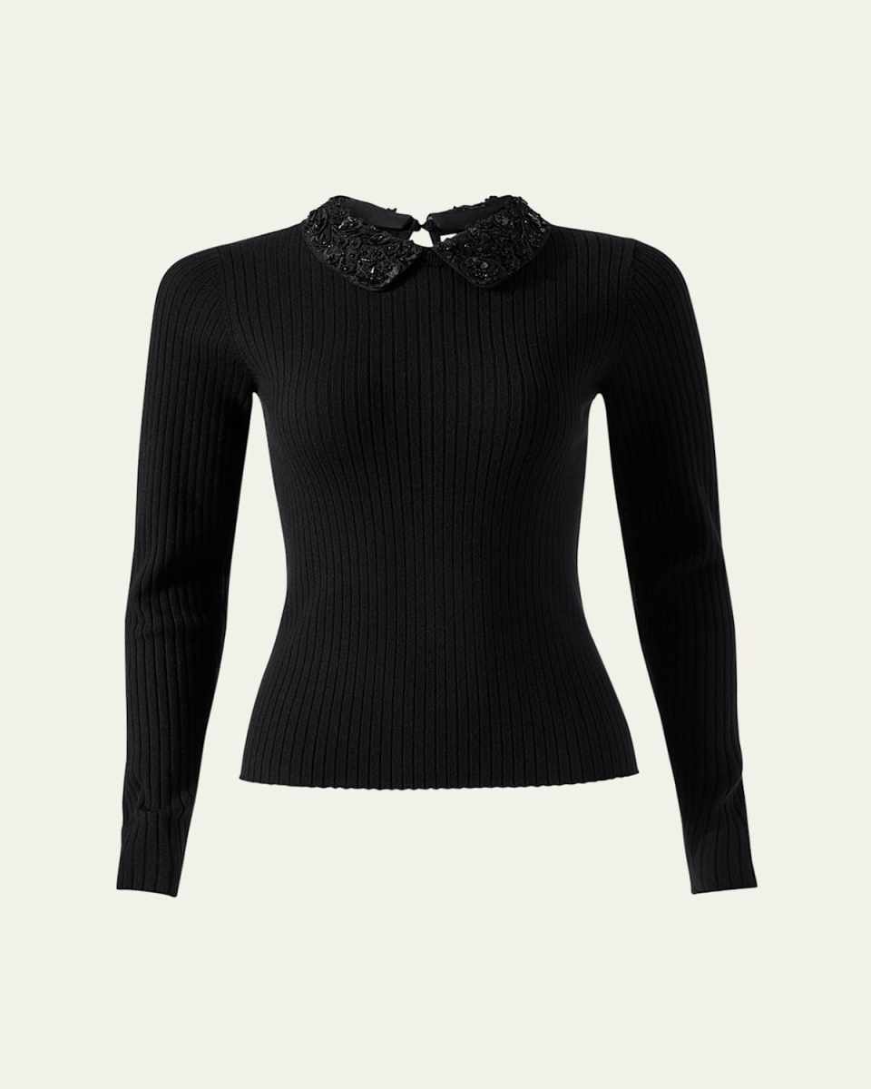 Removable Lace Collar Long-Sleeve Rib Sweater