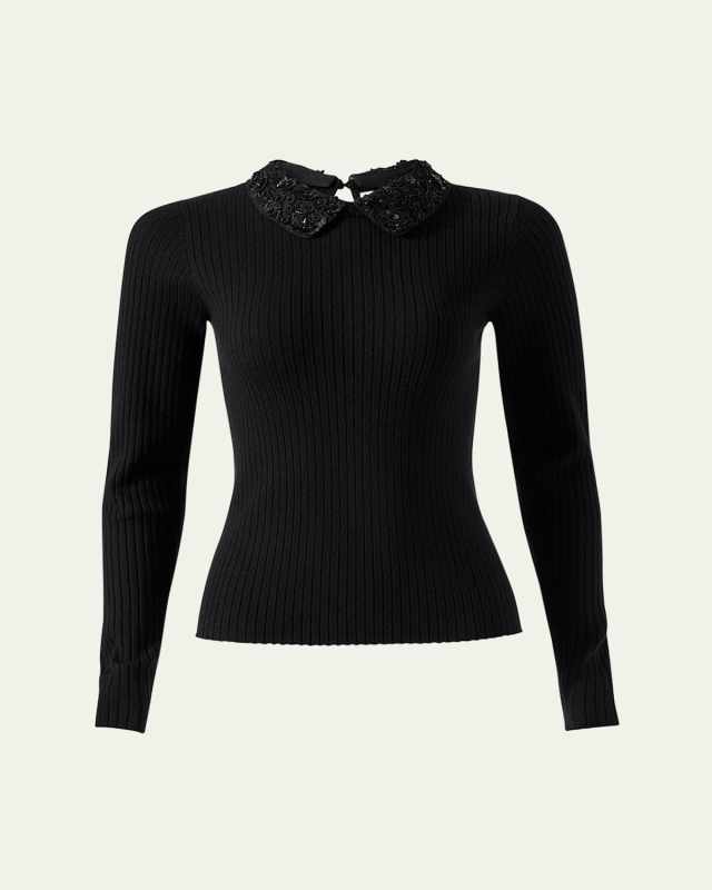 Removable Lace Collar Long-Sleeve Rib Sweater