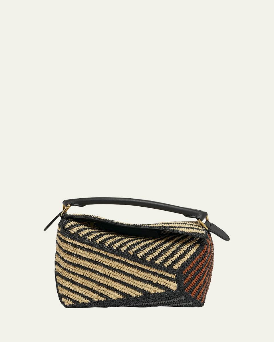 x Paula's Ibiza Puzzle Edge Small Top-Handle Bag in Striped Raffia