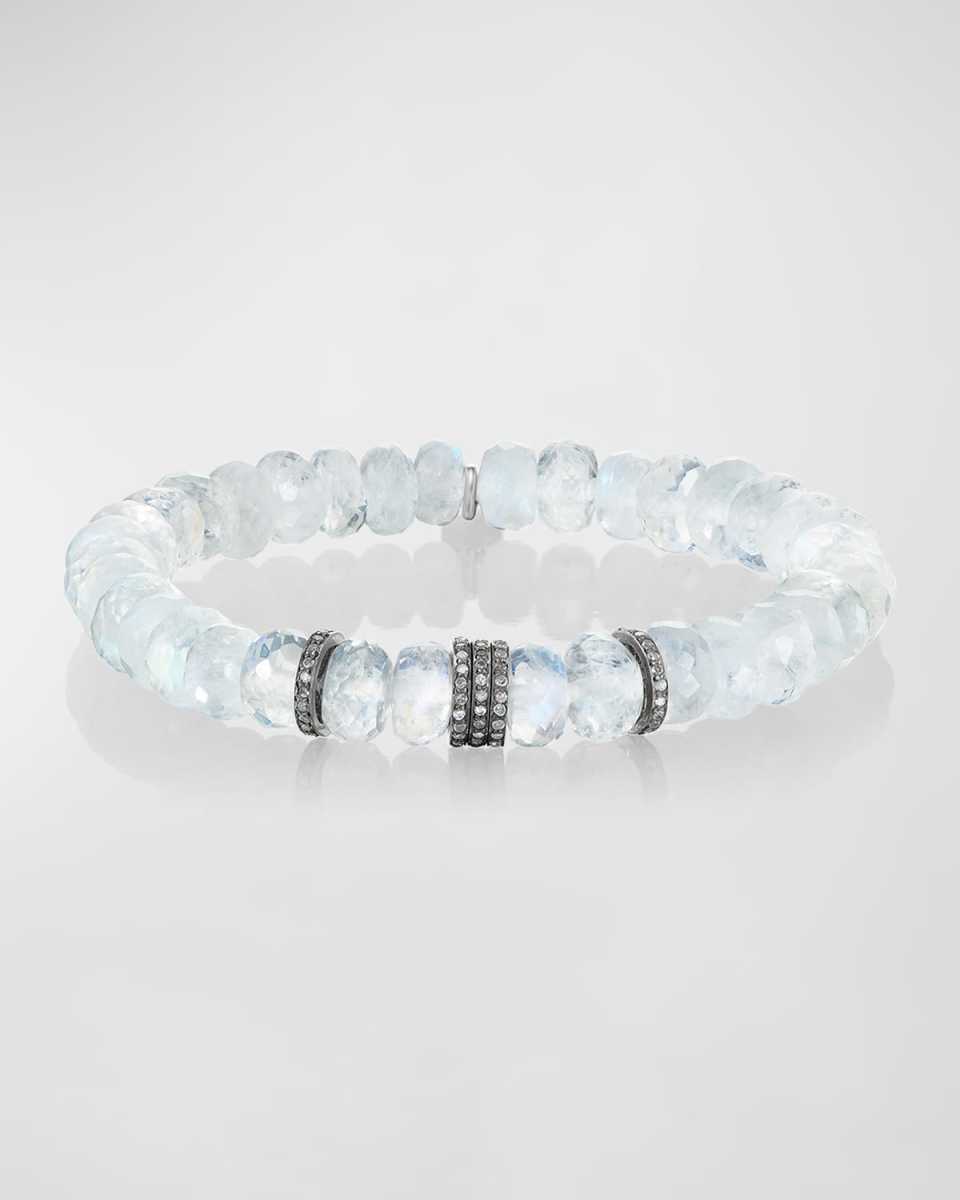 Rainbow Moonstone 8mm Bead Bracelet with 5 Pave Diamond Rondelles