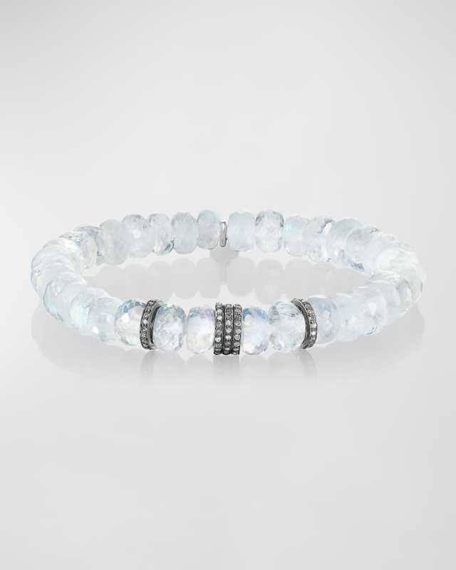 Rainbow Moonstone 8mm Bead Bracelet with 5 Pave Diamond Rondelles