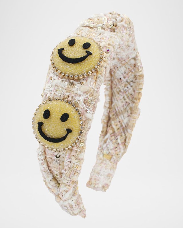 Girl's Tweed Knot Headband W/ Glitter Happy Faces