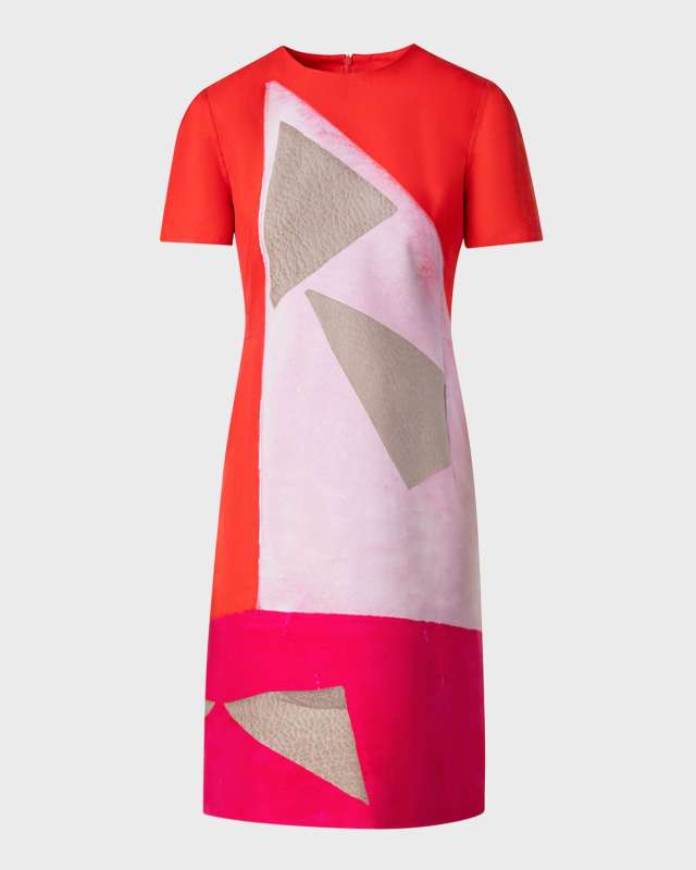 Spectra-Print Short-Sleeve Cotton Silk Double-Face Sheath Dress