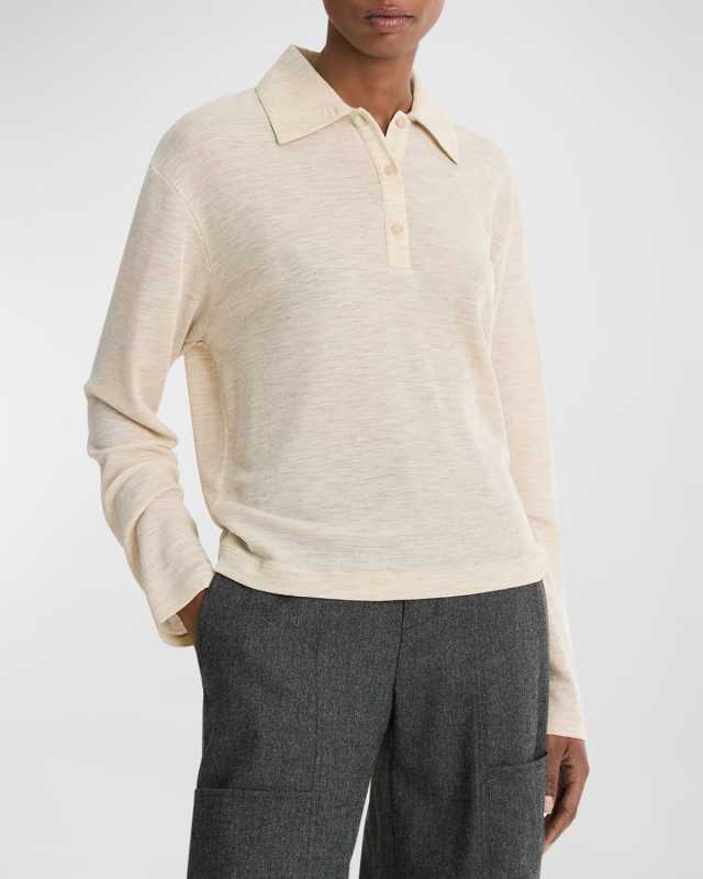 Relaxed Long-Sleeve Wool Polo Top