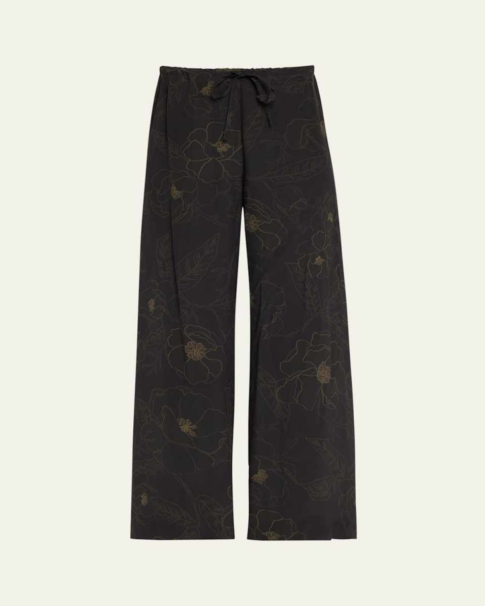 Floral-Print Pleated Straight-Leg Silk Pants