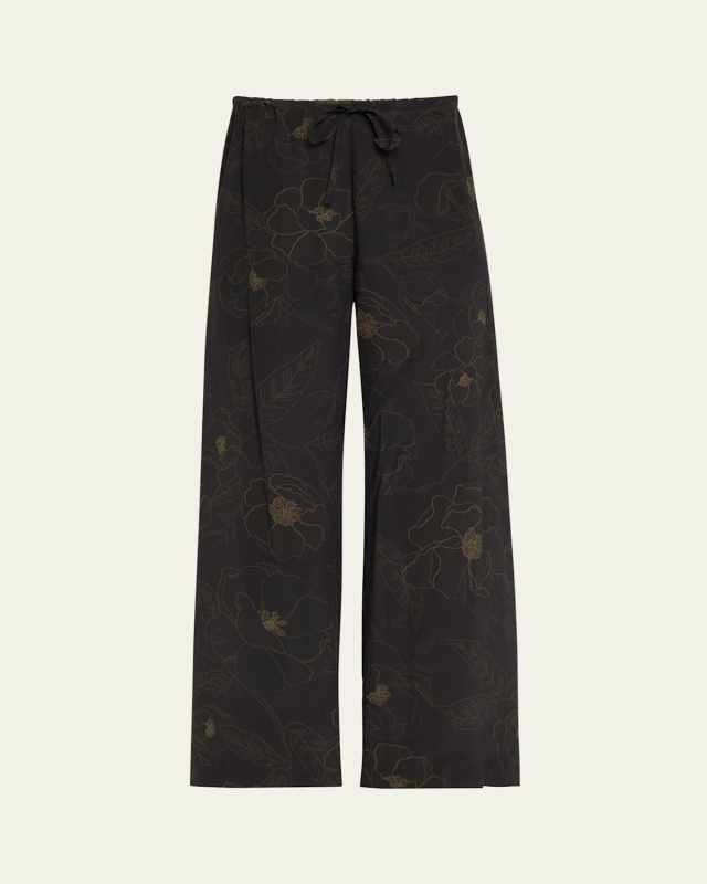 Floral-Print Pleated Straight-Leg Silk Pants