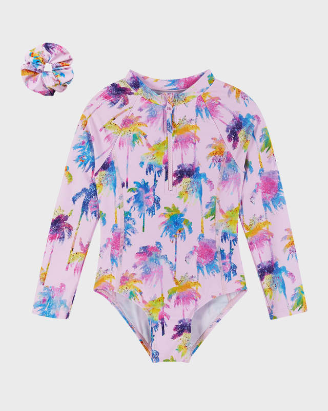 Girl's Palm Tree-Print One-Piece Rashguard W/ Scrunchie, Size 2T-8