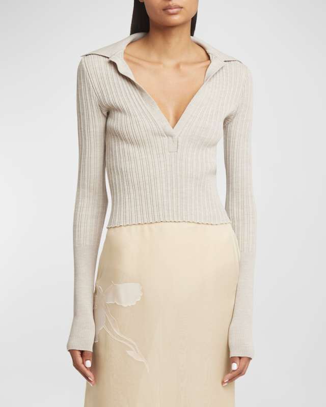 Ribbed Polo Long-Sleeve Top