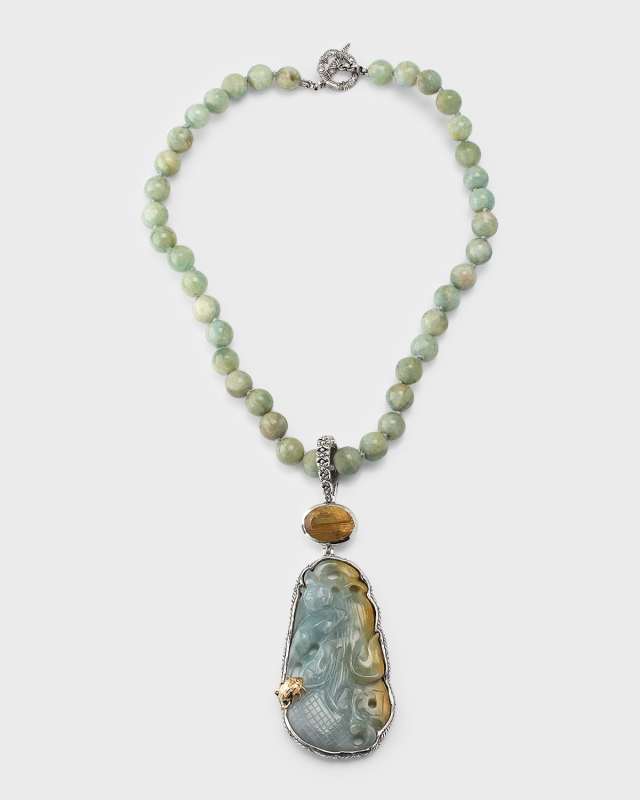 Vintage Hand Carved Jade Gold Hair Rutilated Quartz and Aquamarine Necklace