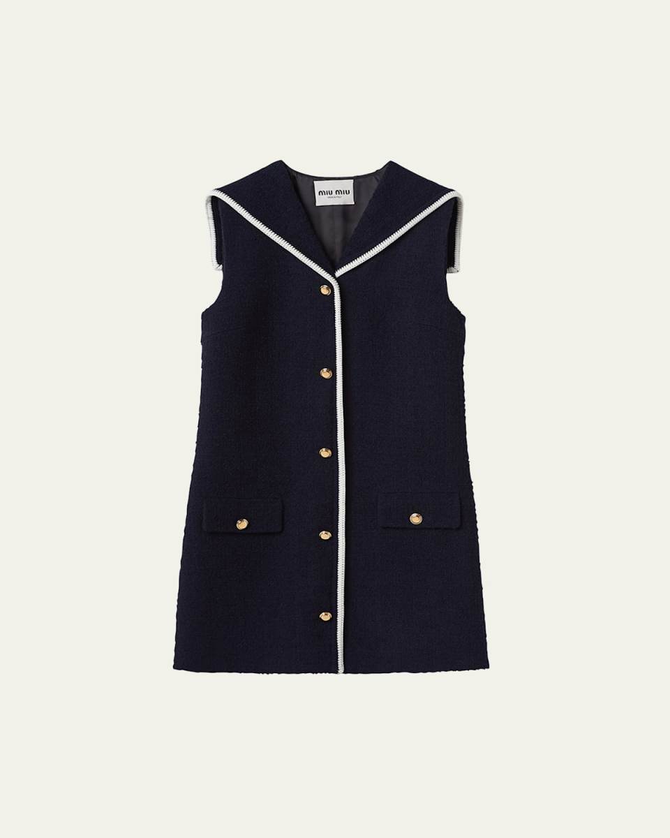 Tweed Sailor Collar Wool Mini Dress with Piping