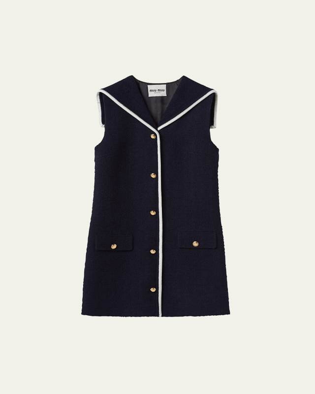 Tweed Sailor Collar Wool Mini Dress with Piping