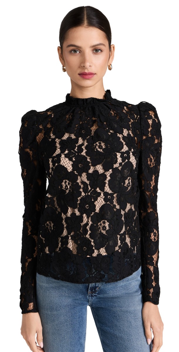 WAYF Emma Puff Sleeve Lace Top Ivory Lace