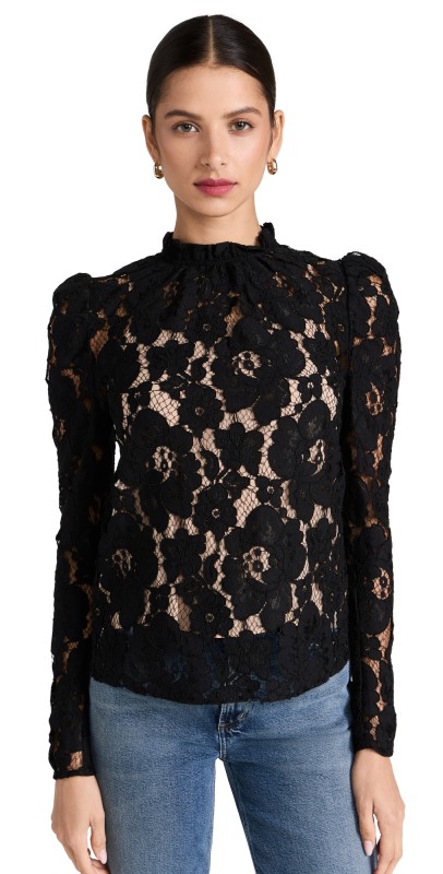 WAYF Emma Puff Sleeve Lace Top Ivory Lace