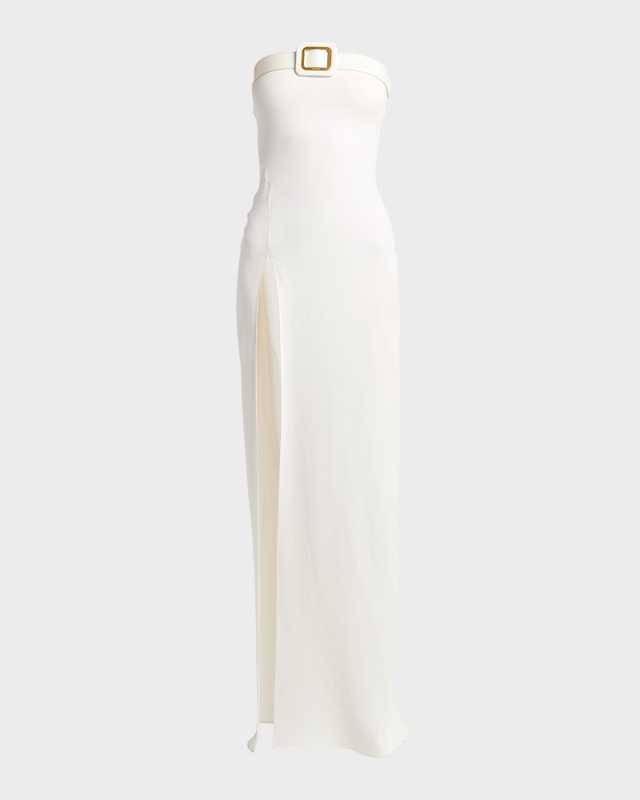 Leather Logo Buckle Strapless Slit-Hem Evening Gown