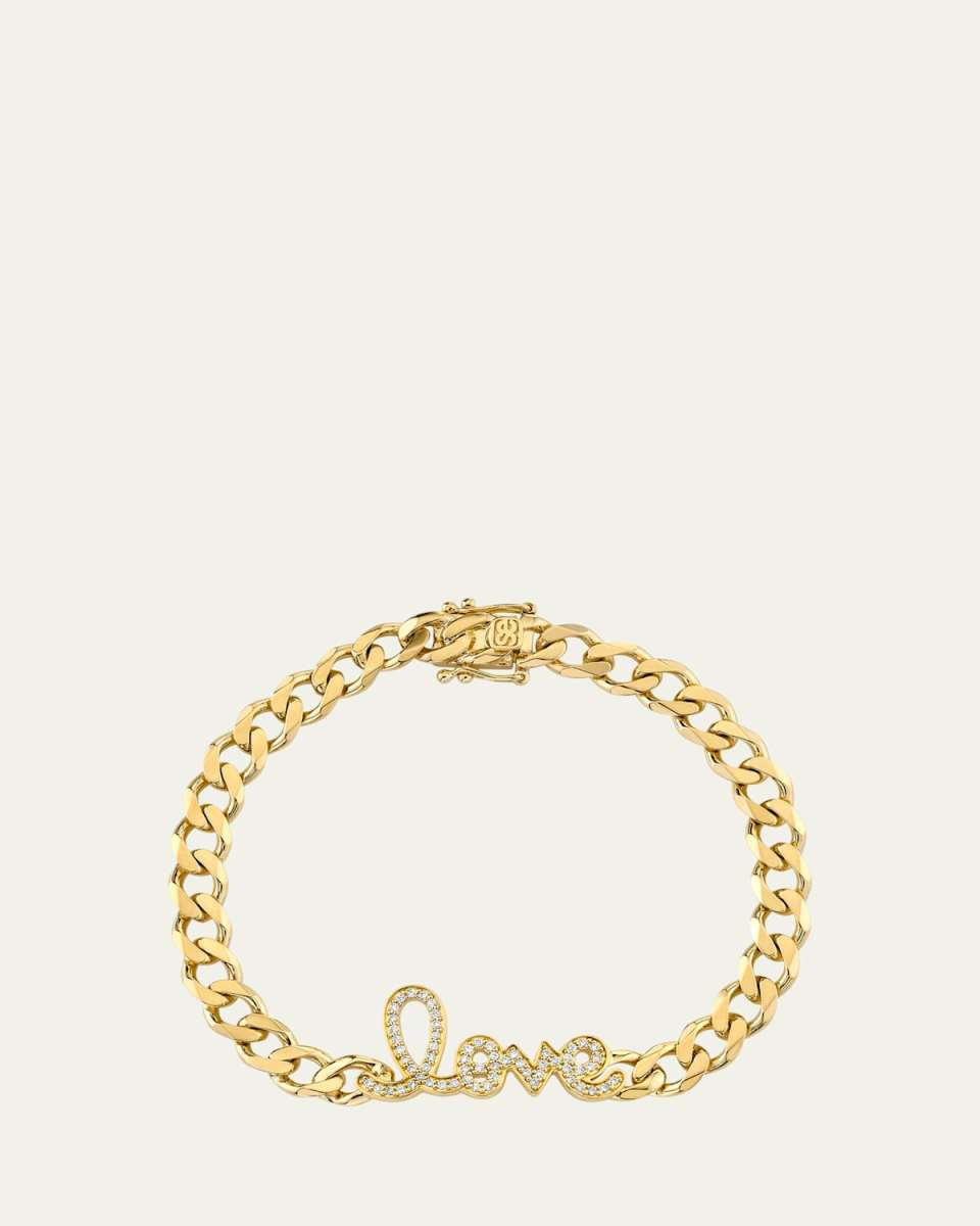 14K Yellow Gold and Diamond Love Script Curb Link Chain Bracelet
