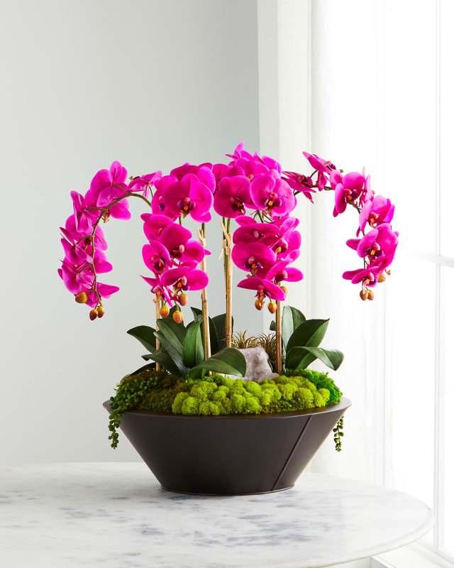 Orchids & Geode in Round Metal Container