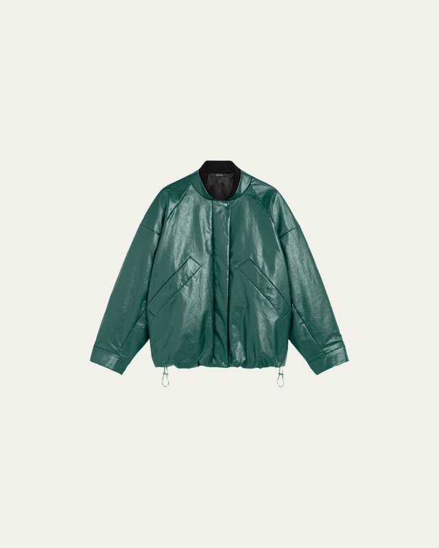 Oversized Oil-Coated Faux Leather Padded Bomber Jacket