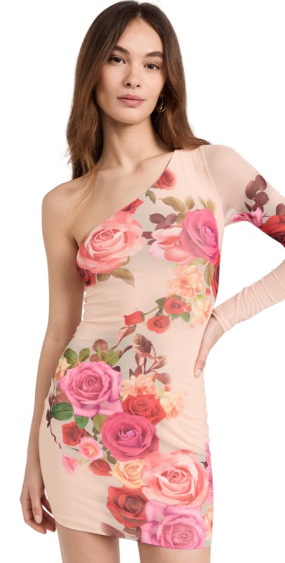 AFRM Zhuri One Shoulder Mini Dress with Open Back Detail Nude Rose Swirl