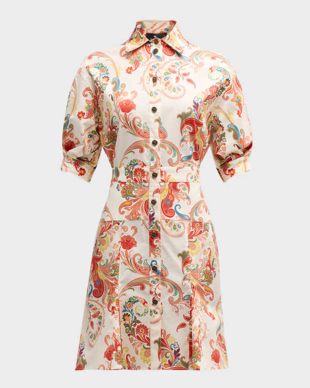 Paisley Deco Puff-Sleeve Cotton Shirtdress