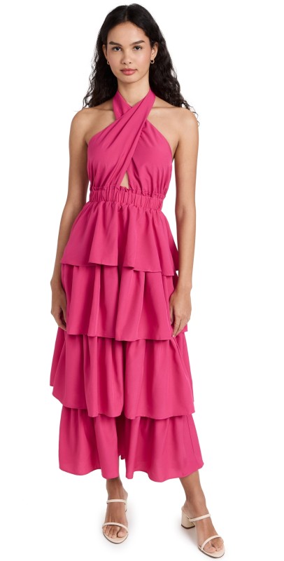 endless rose Crossed Halter Neck Tiered Maxi Dress Fuchsia