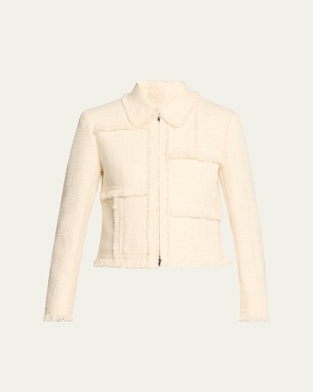 Fringe-Trim Boucle Tweed Jacket
