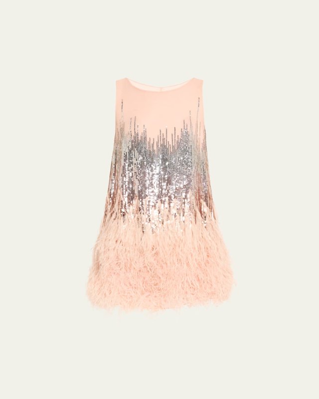 Sleeveless Scoop-Neck Sequined Feather-Embroidered Mini Dress