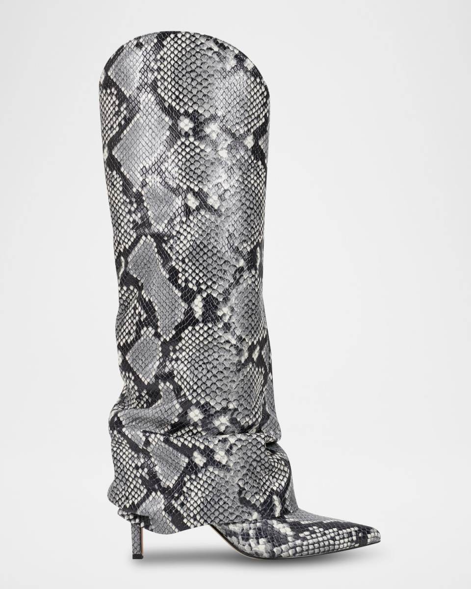 Slouchy Snake-Embossed Leather Stiletto Knee Boots