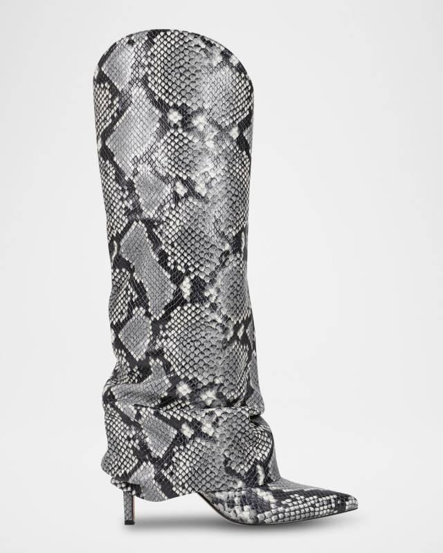 Slouchy Snake-Embossed Leather Stiletto Knee Boots