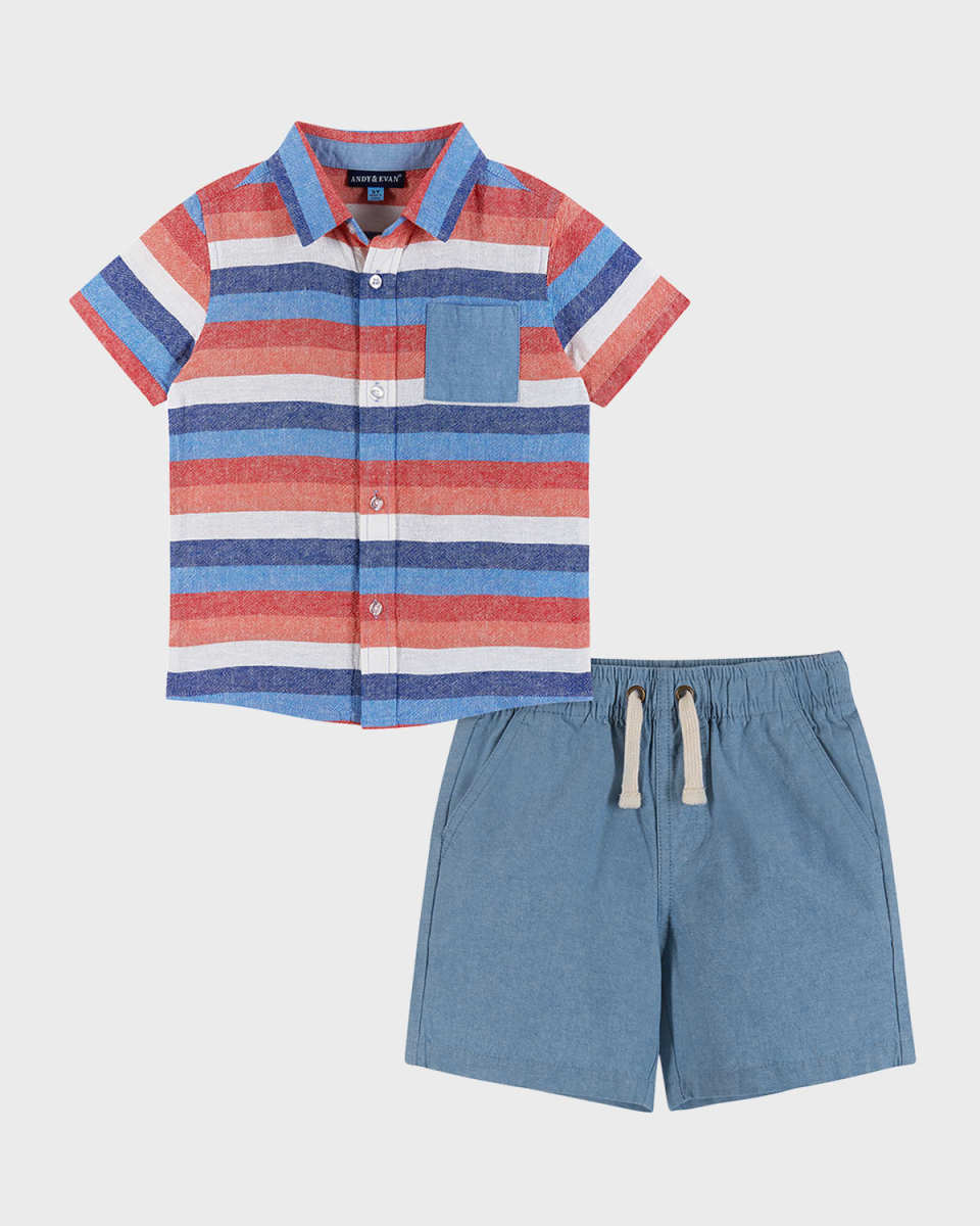 Boy's Striped Button Down Shirt & Shorts Set, Size 2T-8