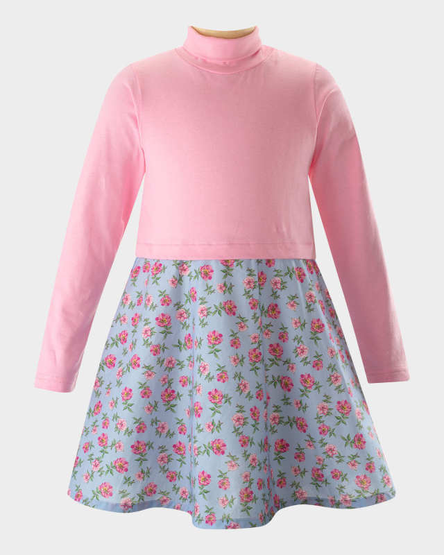Girl's Floral-Print Jersey Turtle Neck Dress, Size 2-14