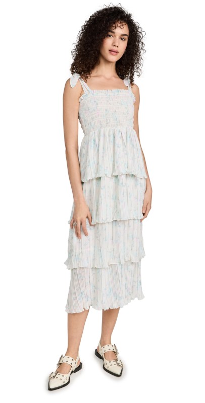GANNI Pleated Georgette Strap Smock Midi Dress Tofu