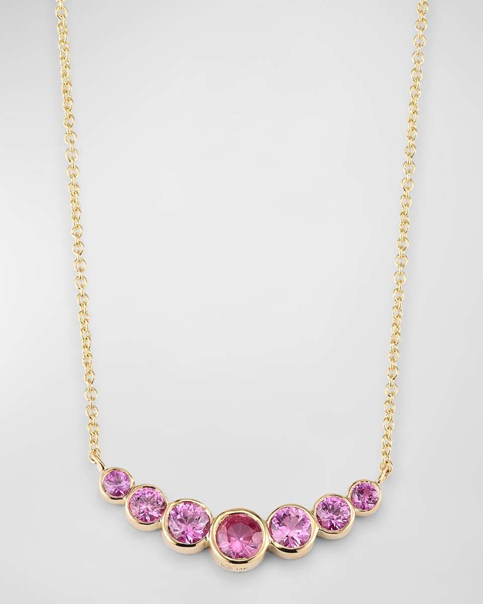 14K Graduated Bezel Curve Bar Necklace with Pink Sapphires