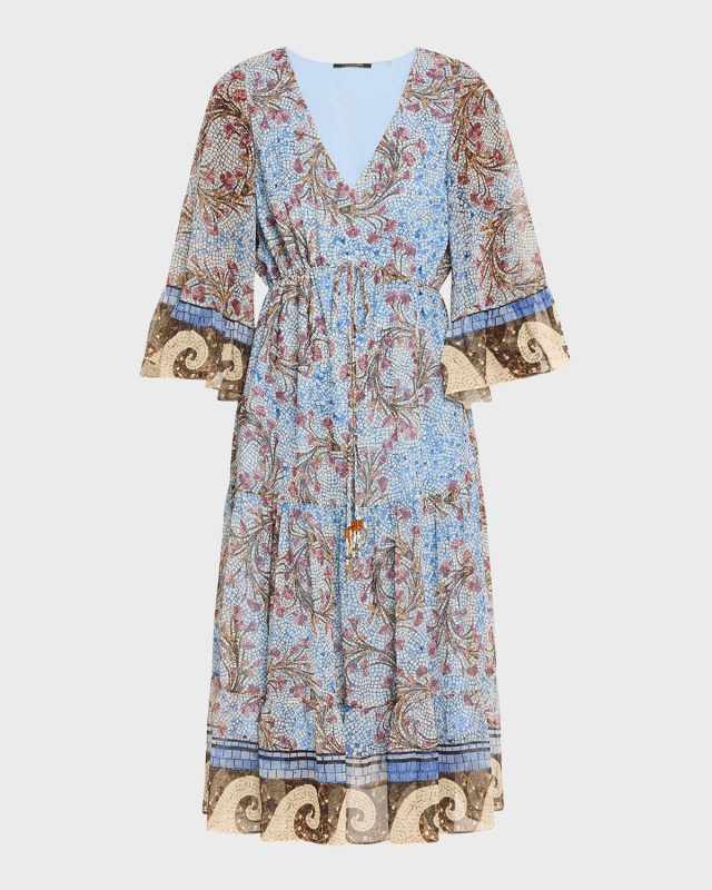 Logan Mosaic-Print Ruffle-Cuff Midi Dress