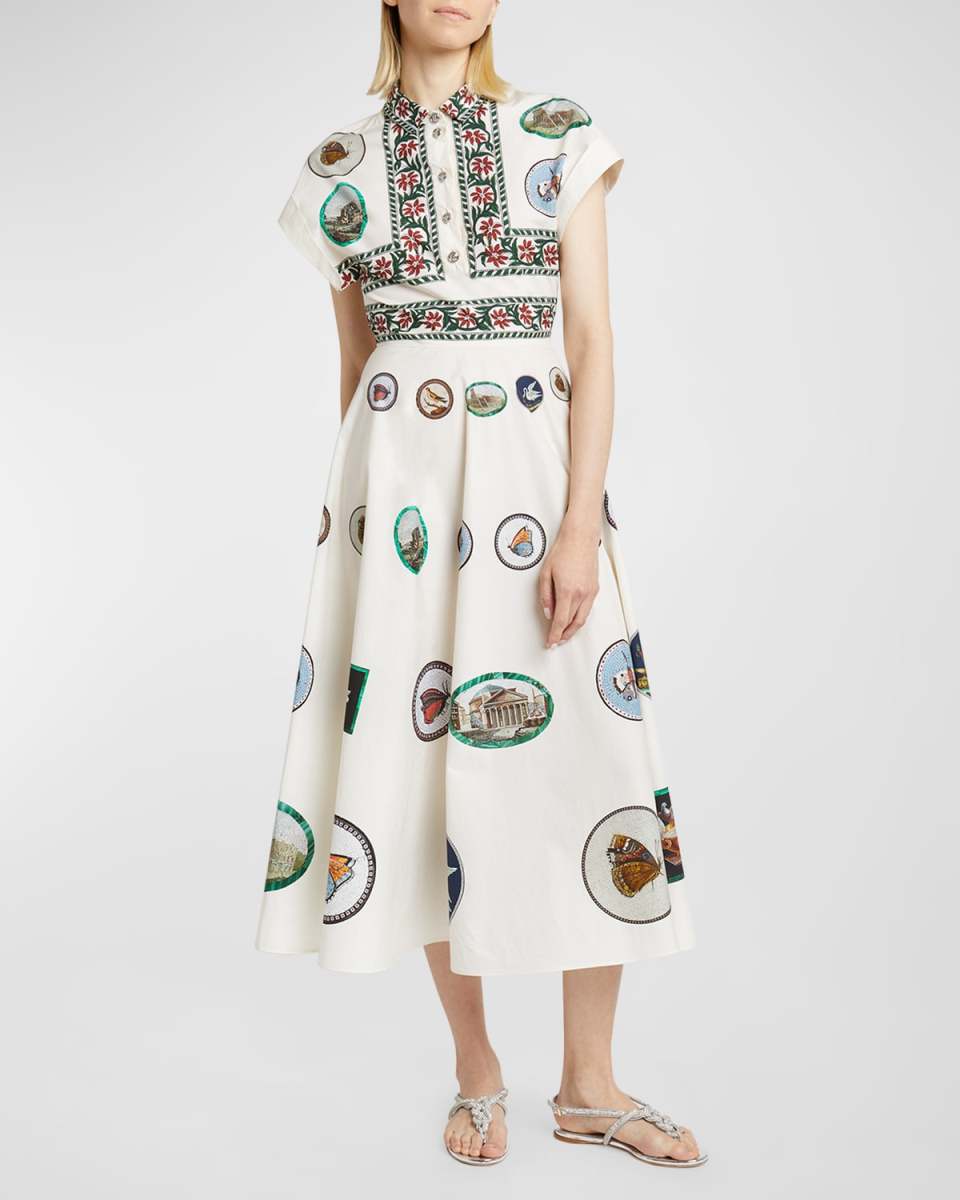 Mosaic-Print Cap-Sleeve Midi Shirtdress