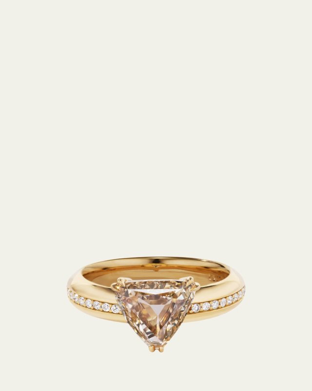18K Yellow Gold Natural Light Brown Modified Triangular Diamond Aziza Ring, Size