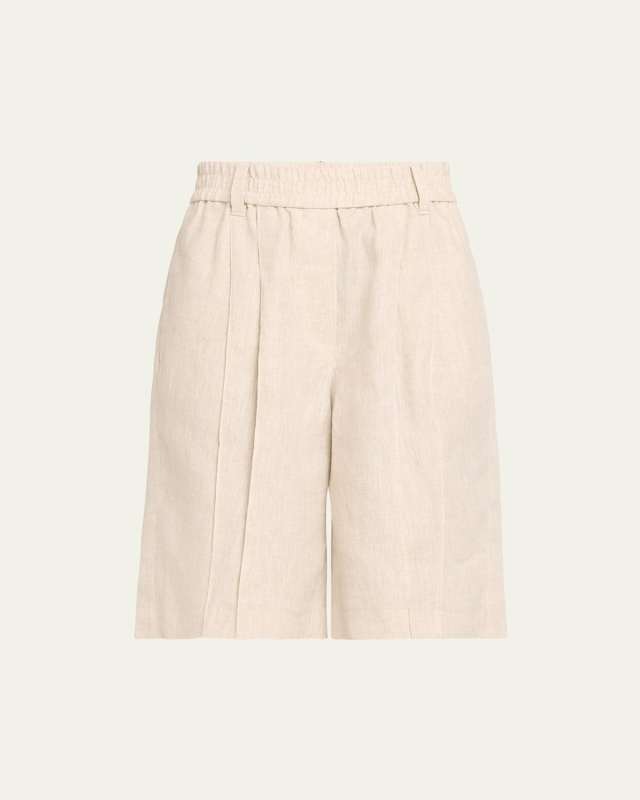 Elastic Waist Linen Bermuda Shorts
