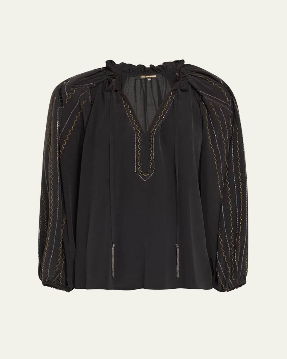 Blakely Chain-Trim Eyelet Silk Blouse