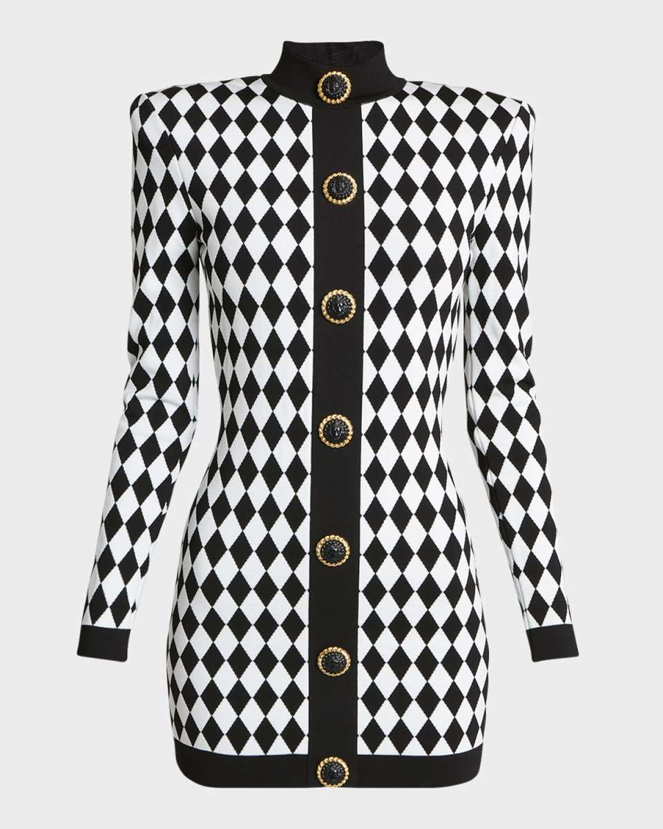 Long-Sleeve Diamond Jacquard Bodycon Mini Dress