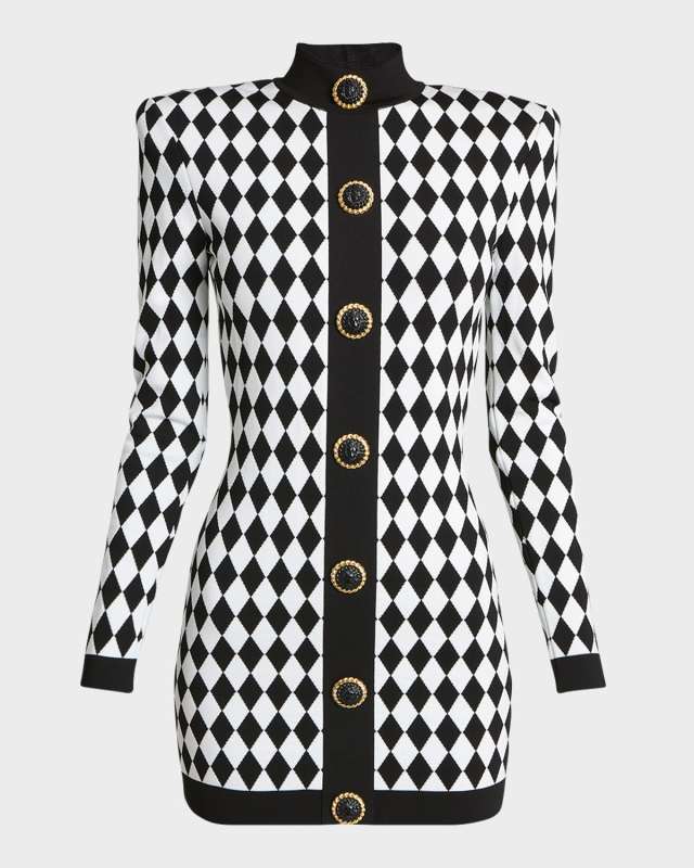 Long-Sleeve Diamond Jacquard Bodycon Mini Dress